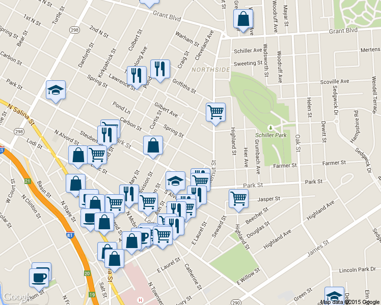 map of restaurants, bars, coffee shops, grocery stores, and more near 233 South Carbon Street in Syracuse