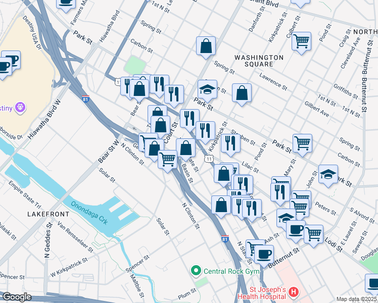 map of restaurants, bars, coffee shops, grocery stores, and more near 1420 North State Street in Syracuse