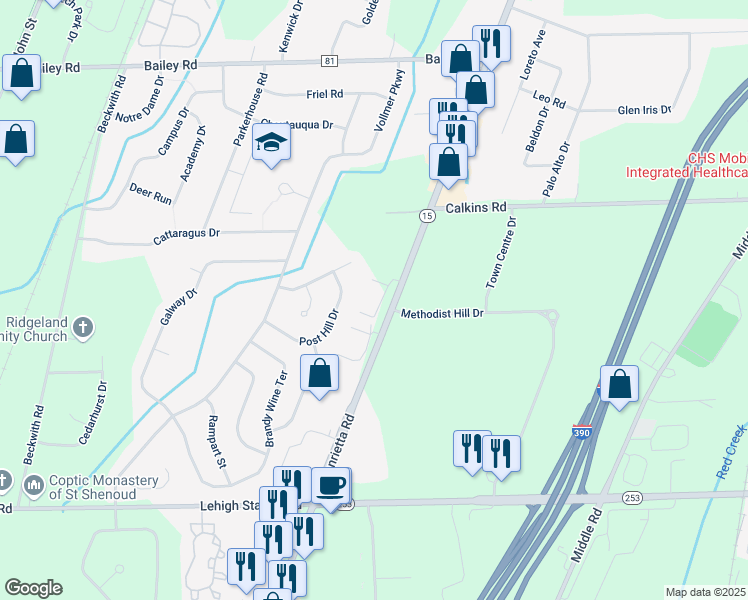 map of restaurants, bars, coffee shops, grocery stores, and more near 4365 West Henrietta Road in Henrietta
