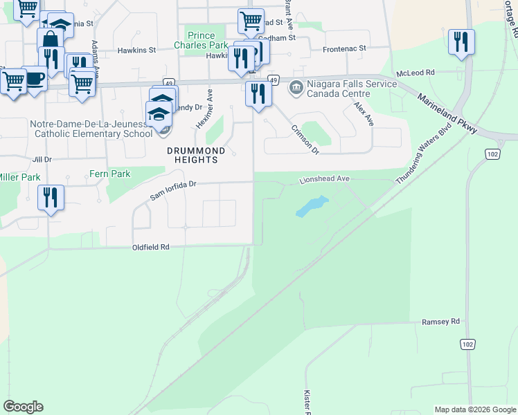 map of restaurants, bars, coffee shops, grocery stores, and more near 6049 Eaglewood Drive in Niagara Falls