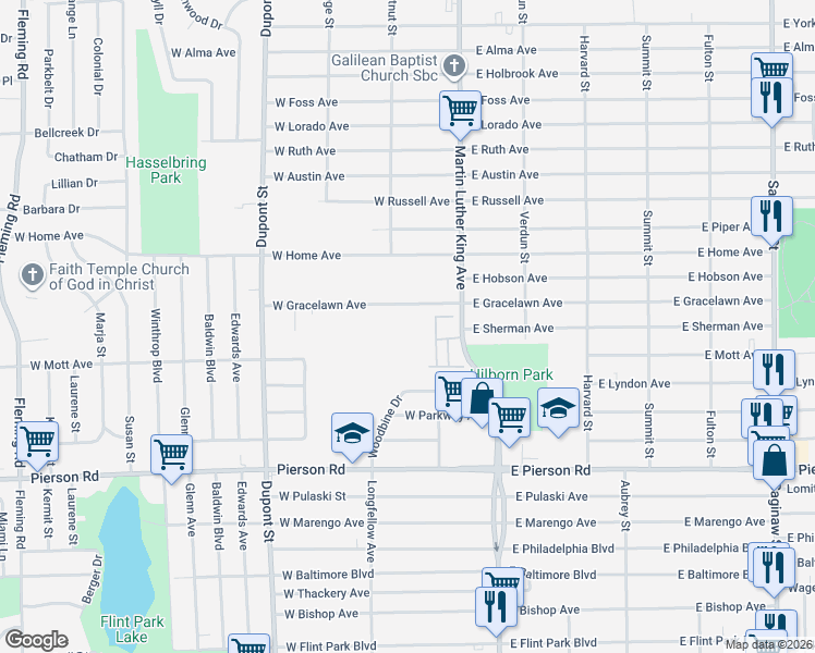 map of restaurants, bars, coffee shops, grocery stores, and more near 401 West Gracelawn Avenue in Flint