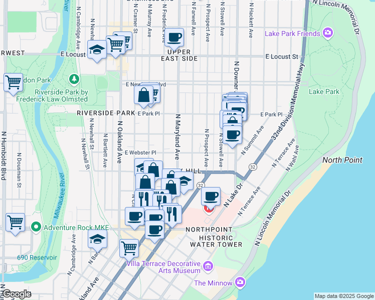 map of restaurants, bars, coffee shops, grocery stores, and more near 2555 North Farwell Avenue in Milwaukee