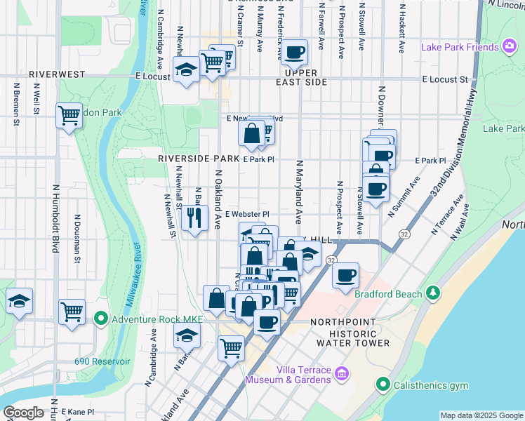 map of restaurants, bars, coffee shops, grocery stores, and more near 2014 East Webster Place in Milwaukee