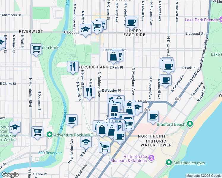 map of restaurants, bars, coffee shops, grocery stores, and more near 1906 East Webster Place in Milwaukee