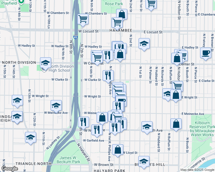 map of restaurants, bars, coffee shops, grocery stores, and more near 2550 North 5th Street in Milwaukee
