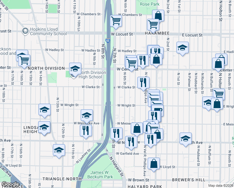 map of restaurants, bars, coffee shops, grocery stores, and more near 2546 North 7th Street in Milwaukee