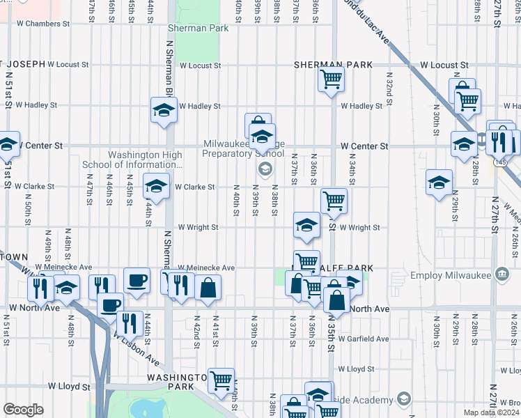 map of restaurants, bars, coffee shops, grocery stores, and more near 2533 North 38th Street in Milwaukee