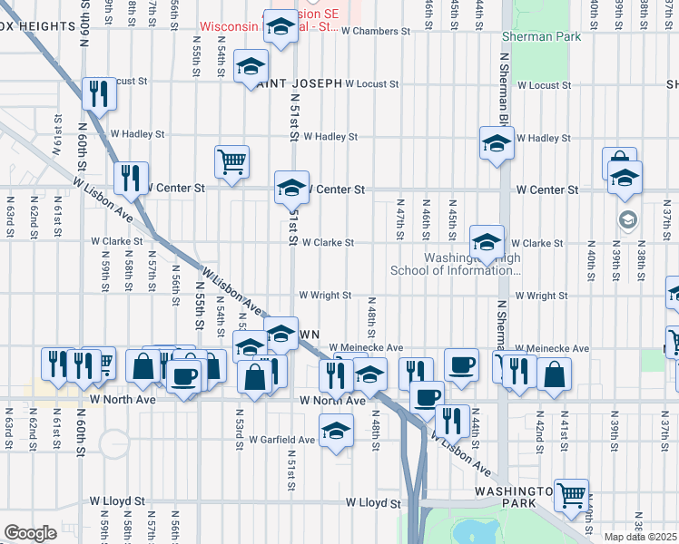 map of restaurants, bars, coffee shops, grocery stores, and more near 2529 North 49th Street in Milwaukee