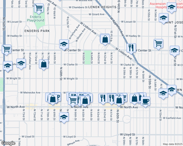 map of restaurants, bars, coffee shops, grocery stores, and more near 2527 North 63rd Street in Wauwatosa
