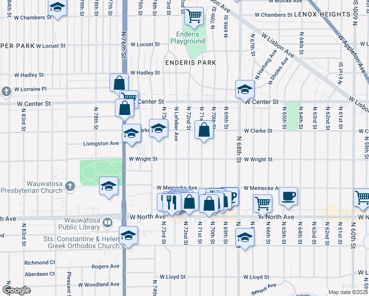 map of restaurants, bars, coffee shops, grocery stores, and more near 2527 North 72nd Street in Wauwatosa