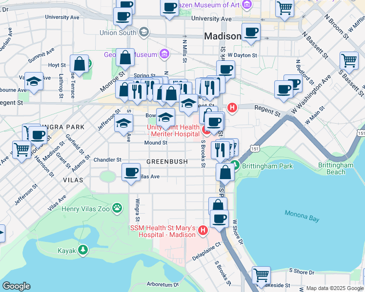 map of restaurants, bars, coffee shops, grocery stores, and more near 206 South Mills Street in Madison