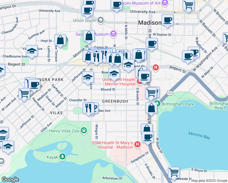 map of restaurants, bars, coffee shops, grocery stores, and more near 1207 Mound Street in Madison