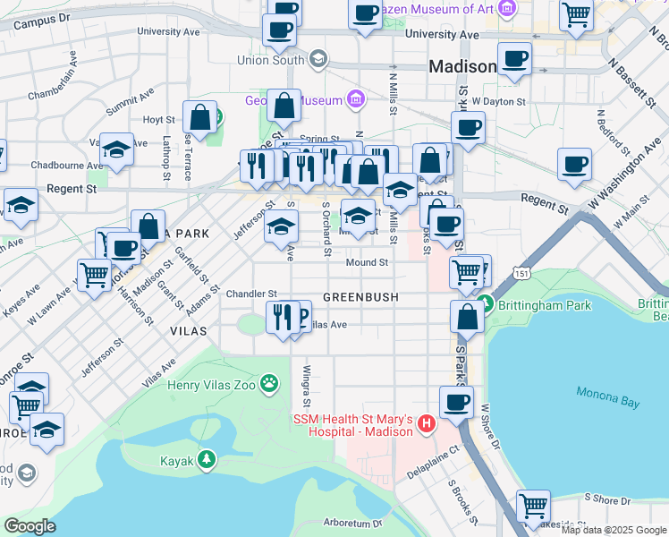 map of restaurants, bars, coffee shops, grocery stores, and more near 206 South Orchard Street in Madison