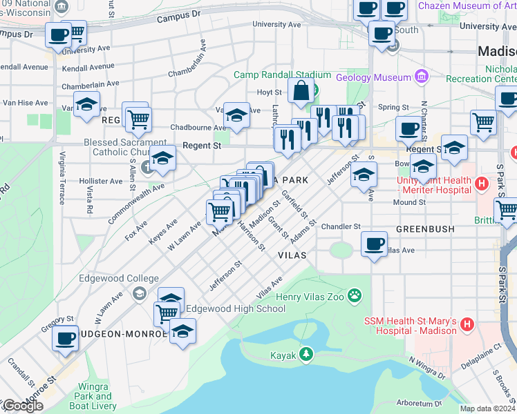map of restaurants, bars, coffee shops, grocery stores, and more near 1821 Monroe Street in Madison