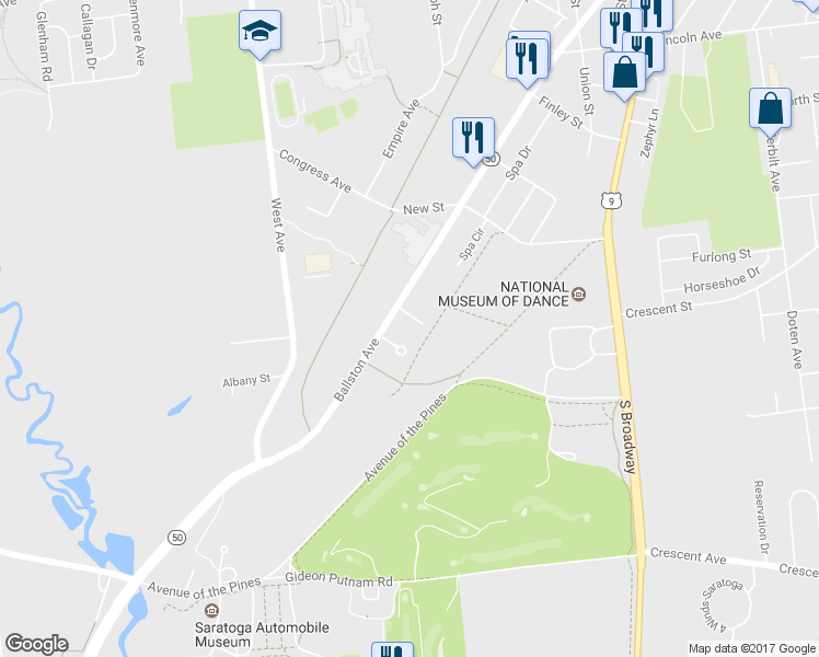 map of restaurants, bars, coffee shops, grocery stores, and more near 12 Peck Avenue in Saratoga Springs