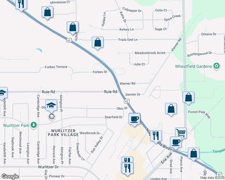 map of restaurants, bars, coffee shops, grocery stores, and more near 1793 Ruie Road in North Tonawanda