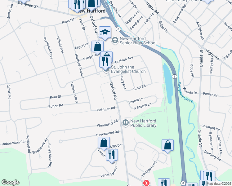 map of restaurants, bars, coffee shops, grocery stores, and more near 99 Oxford Road in New Hartford