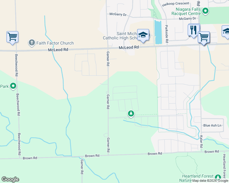 map of restaurants, bars, coffee shops, grocery stores, and more near 8797 Pawpaw Lane in Niagara Falls
