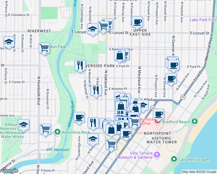 map of restaurants, bars, coffee shops, grocery stores, and more near 1808 East Webster Place in Milwaukee