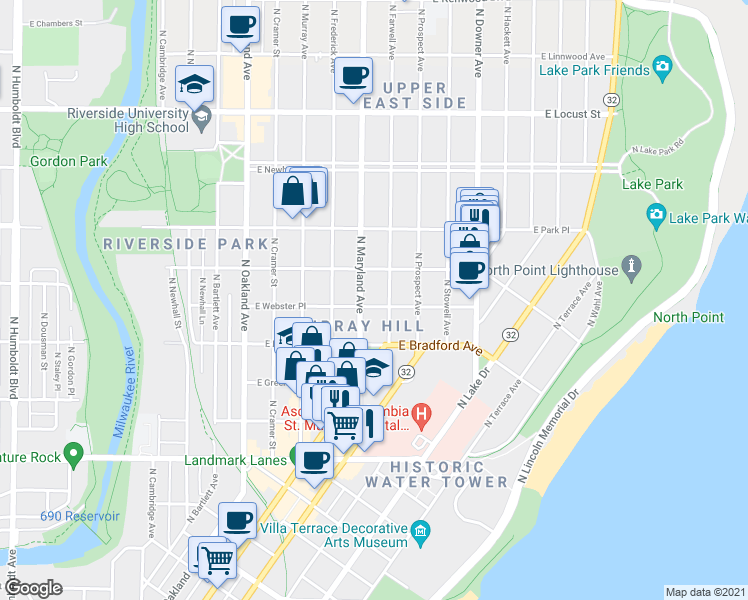map of restaurants, bars, coffee shops, grocery stores, and more near 2214 East Webster Place in Milwaukee