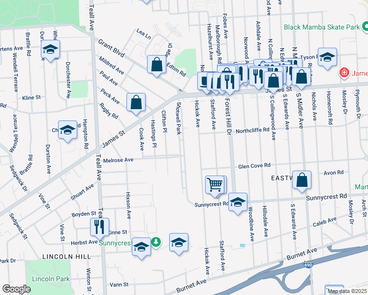 map of restaurants, bars, coffee shops, grocery stores, and more near 181 Shotwell Park in Syracuse