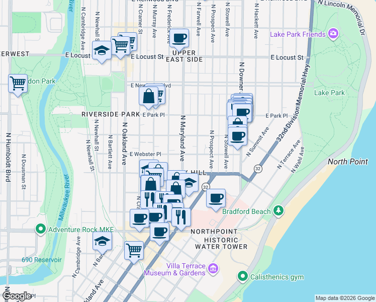 map of restaurants, bars, coffee shops, grocery stores, and more near 2555 North Farwell Avenue in Milwaukee