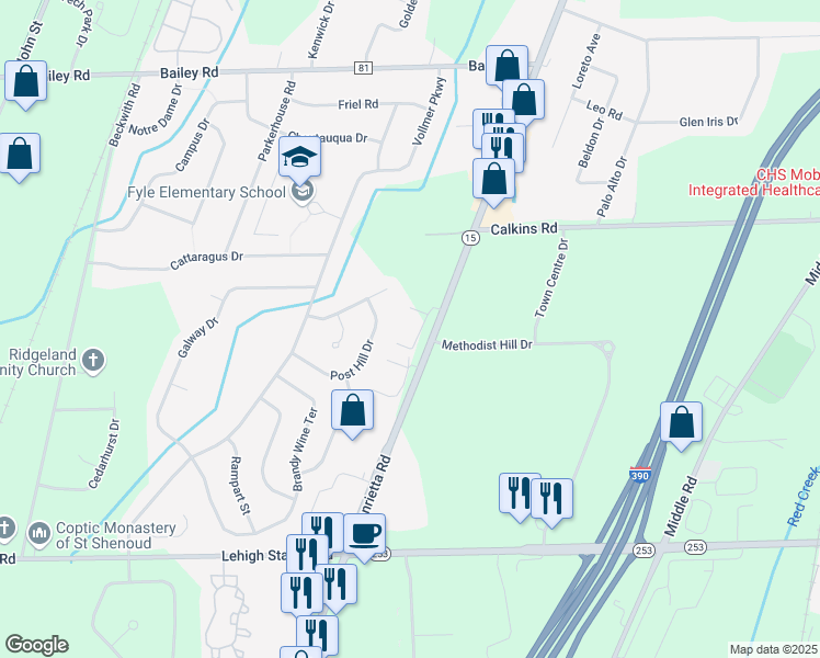 map of restaurants, bars, coffee shops, grocery stores, and more near 4365 West Henrietta Road in Henrietta