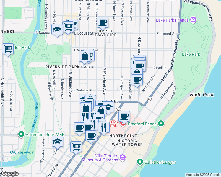 map of restaurants, bars, coffee shops, grocery stores, and more near 2555 North Farwell Avenue in Milwaukee