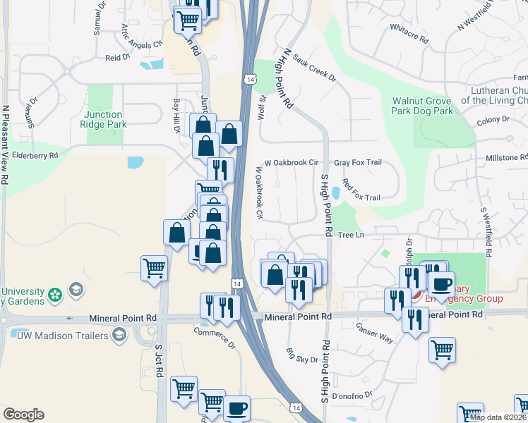 map of restaurants, bars, coffee shops, grocery stores, and more near 7953 West Oakbrook Circle in Madison