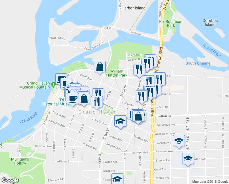 map of restaurants, bars, coffee shops, grocery stores, and more near 406 Elliott Avenue in Grand Haven