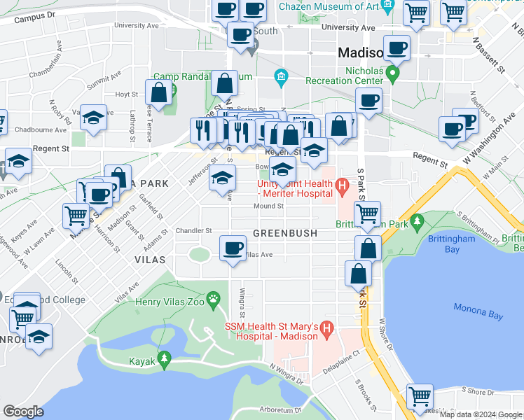 map of restaurants, bars, coffee shops, grocery stores, and more near 1235 Mound Street in Madison