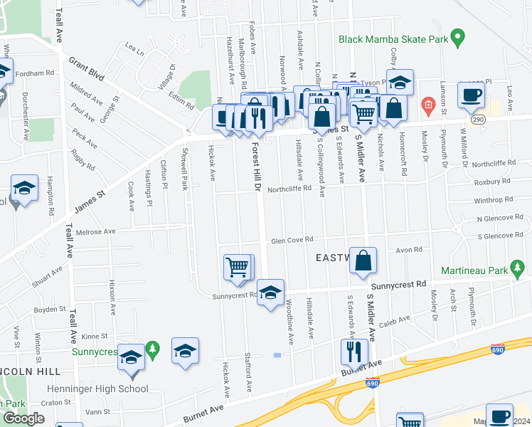 map of restaurants, bars, coffee shops, grocery stores, and more near 233 Forest Hill Drive in Syracuse