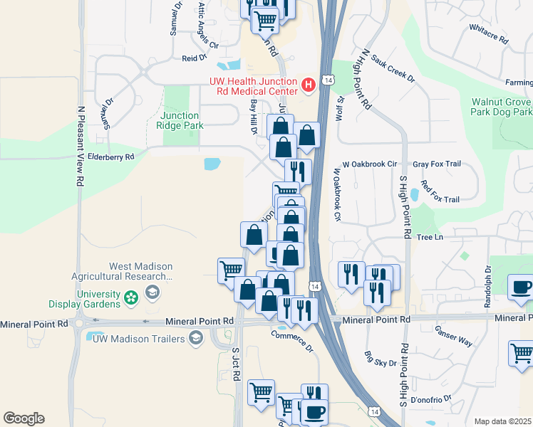 map of restaurants, bars, coffee shops, grocery stores, and more near 260 Junction Road in Madison