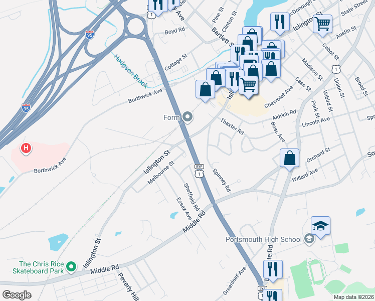map of restaurants, bars, coffee shops, grocery stores, and more near 2 Melbourne Street in Portsmouth