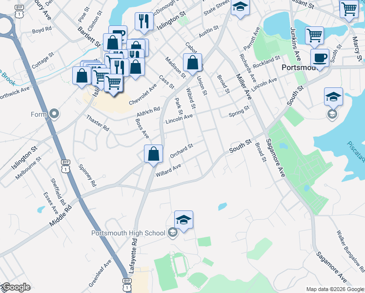 map of restaurants, bars, coffee shops, grocery stores, and more near 115 Orchard Street in Portsmouth