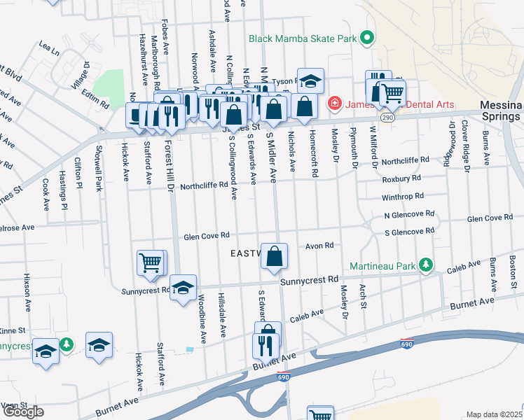 map of restaurants, bars, coffee shops, grocery stores, and more near 239 South Edwards Avenue in Syracuse