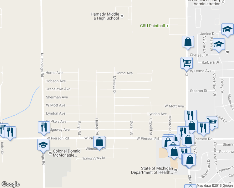map of restaurants, bars, coffee shops, grocery stores, and more near 4162 Minerva Drive in Flint