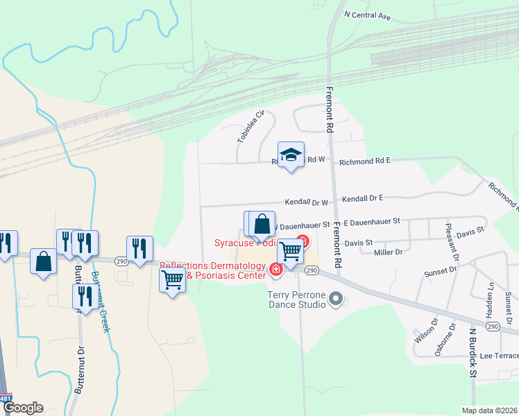 map of restaurants, bars, coffee shops, grocery stores, and more near 133 Kendall Drive West in East Syracuse