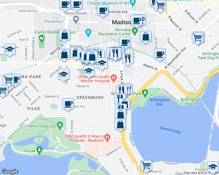 map of restaurants, bars, coffee shops, grocery stores, and more near 1013 Mound Street in Madison