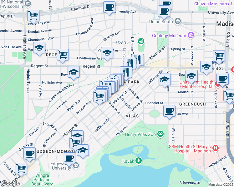 map of restaurants, bars, coffee shops, grocery stores, and more near 1821 Monroe Street in Madison