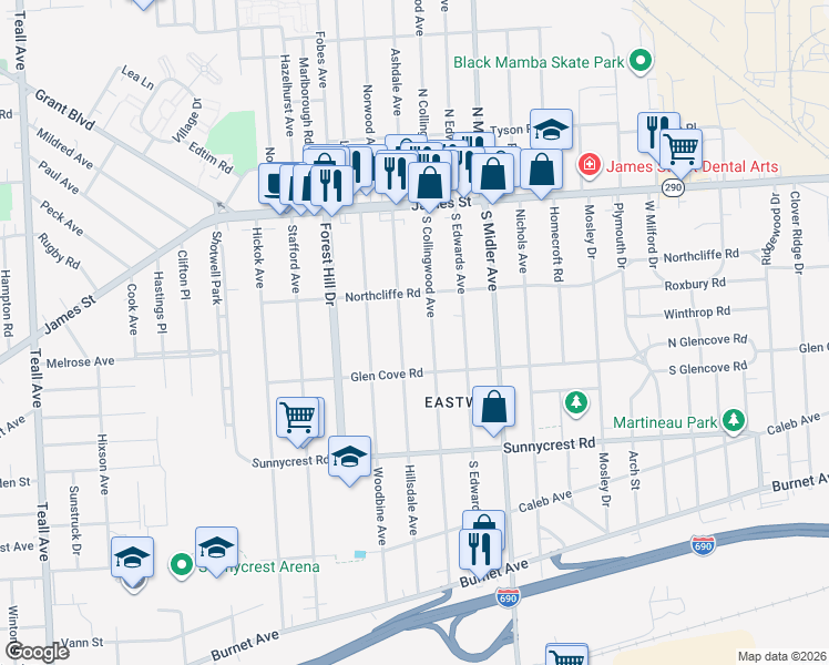 map of restaurants, bars, coffee shops, grocery stores, and more near 245 Hillsdale Avenue in Syracuse