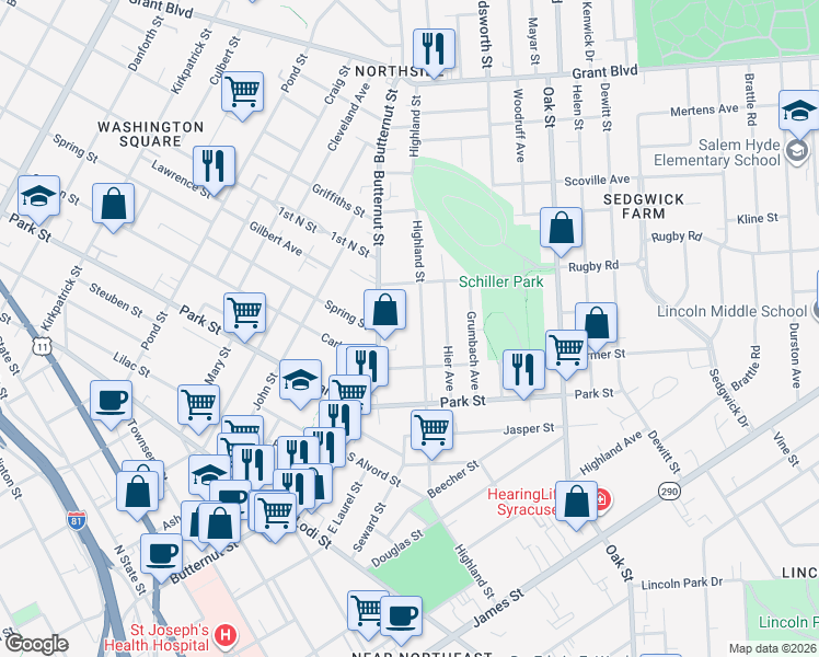 map of restaurants, bars, coffee shops, grocery stores, and more near 918 Highland Street in Syracuse