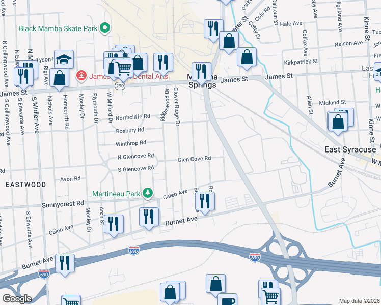 map of restaurants, bars, coffee shops, grocery stores, and more near 264 Burns Avenue in Syracuse