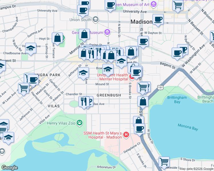 map of restaurants, bars, coffee shops, grocery stores, and more near 1205 Mound Street in Madison