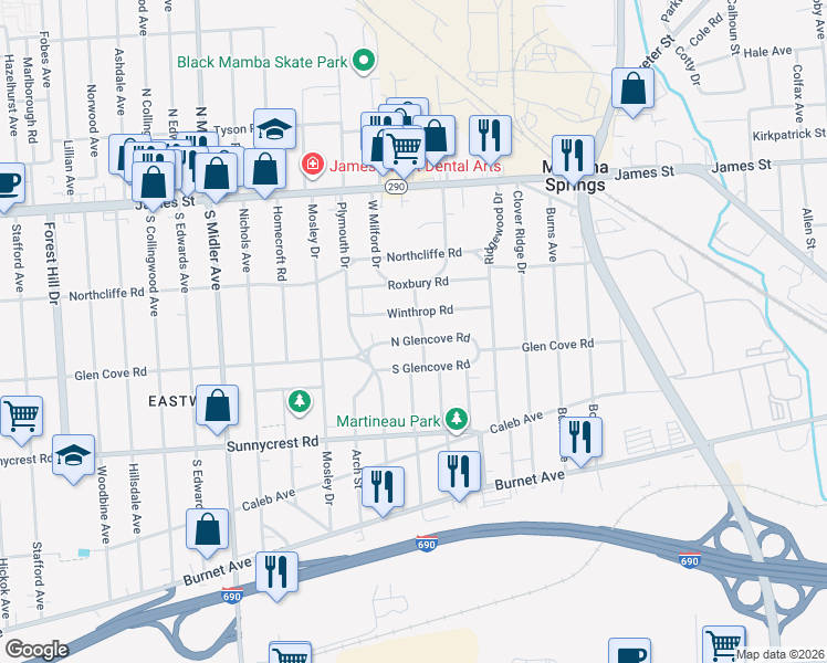map of restaurants, bars, coffee shops, grocery stores, and more near 1133 North Glencove Road in Syracuse