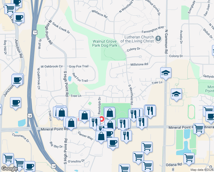 map of restaurants, bars, coffee shops, grocery stores, and more near 104 Pine Ridge Trail in Madison