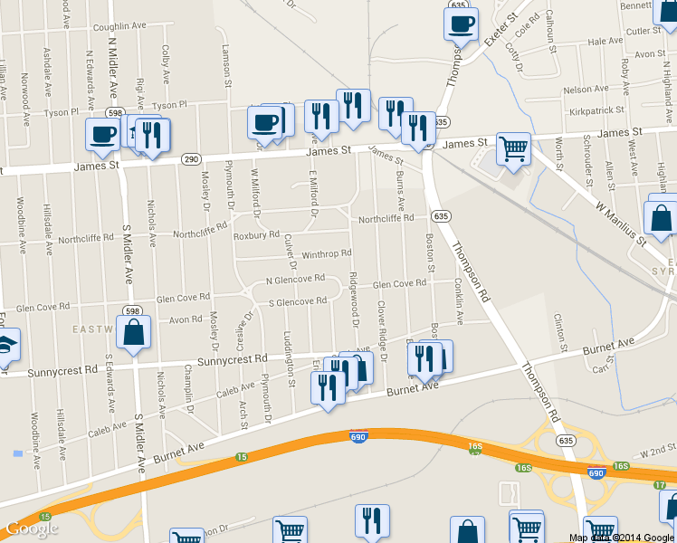 map of restaurants, bars, coffee shops, grocery stores, and more near 1251 North Glencove Road in Syracuse