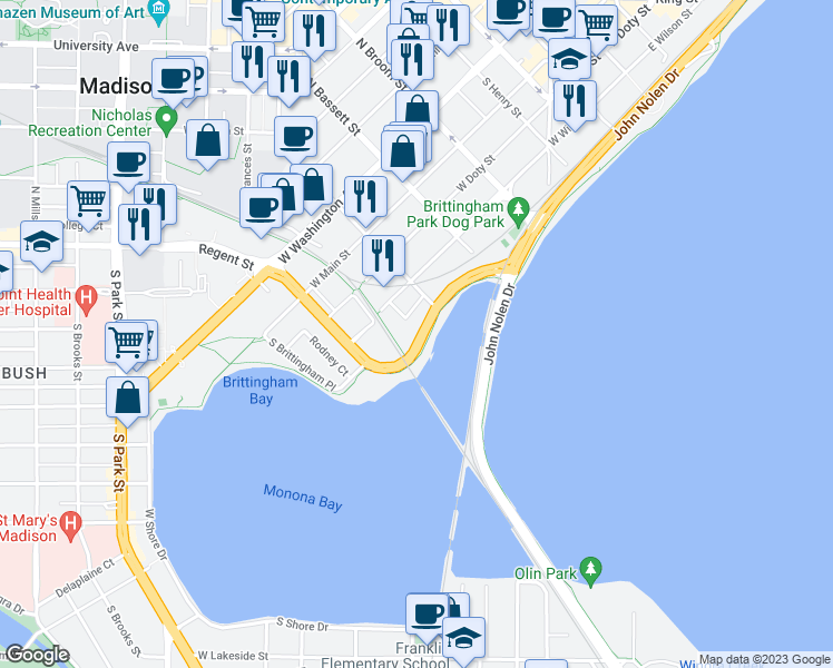 map of restaurants, bars, coffee shops, grocery stores, and more near 622 North Shore Drive in Madison