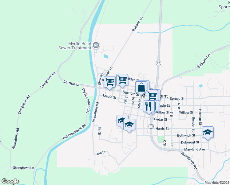 map of restaurants, bars, coffee shops, grocery stores, and more near 207 Maple Street in Myrtle Point