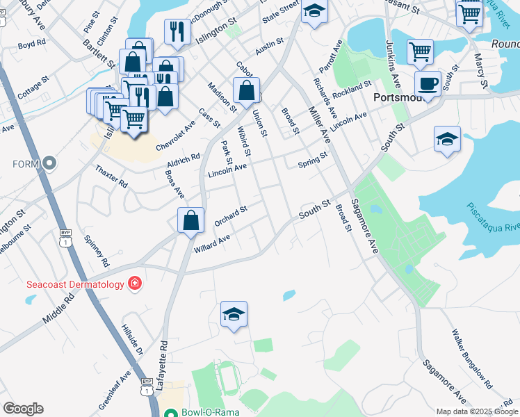 map of restaurants, bars, coffee shops, grocery stores, and more near 42 Orchard Street in Portsmouth